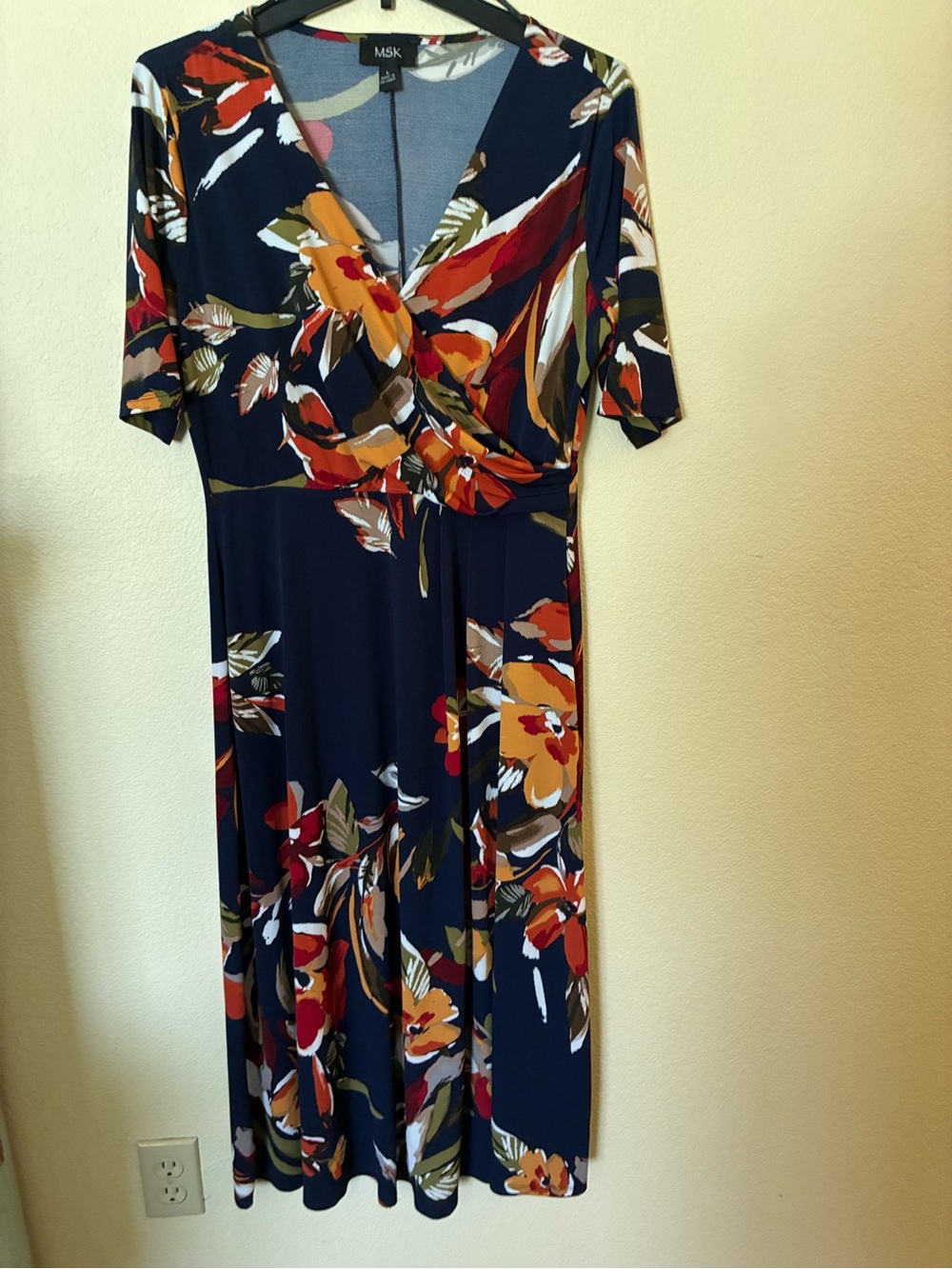 MSK Navy Midi Dress with Orange and Red Floral Print